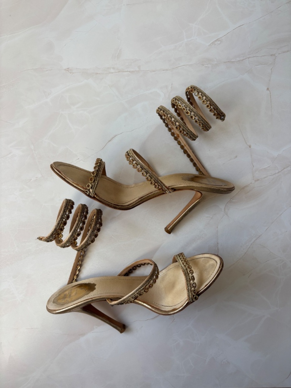 vintage Y2K Rene Caovilla gold beaded coil ankle wrap sandal